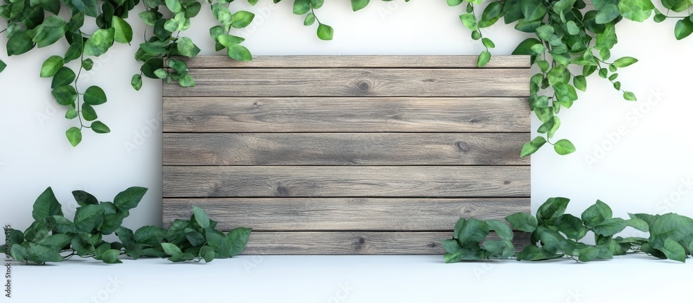 Poster Blank sign for a message on a wooden panel with a green plant the image is set against a white background. with copy space image. Place for adding text or design