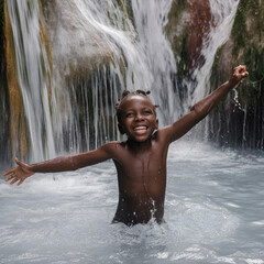 Fototapeta premium Smiling dark-skinned child enjoys refreshing stream of waterfall in tropical forest, moment of pure joy and unity with nature.