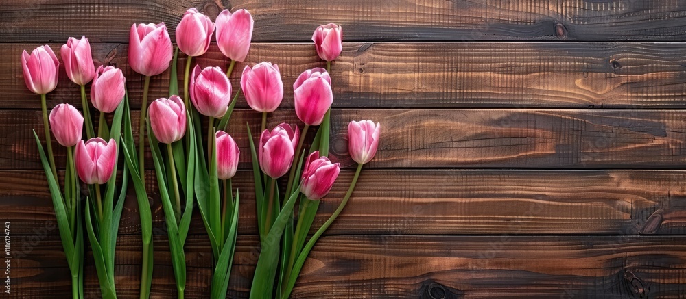 Aufkleber happy mother s day lovely pink tulips arranged on a wooden table viewed from above area for text. wi