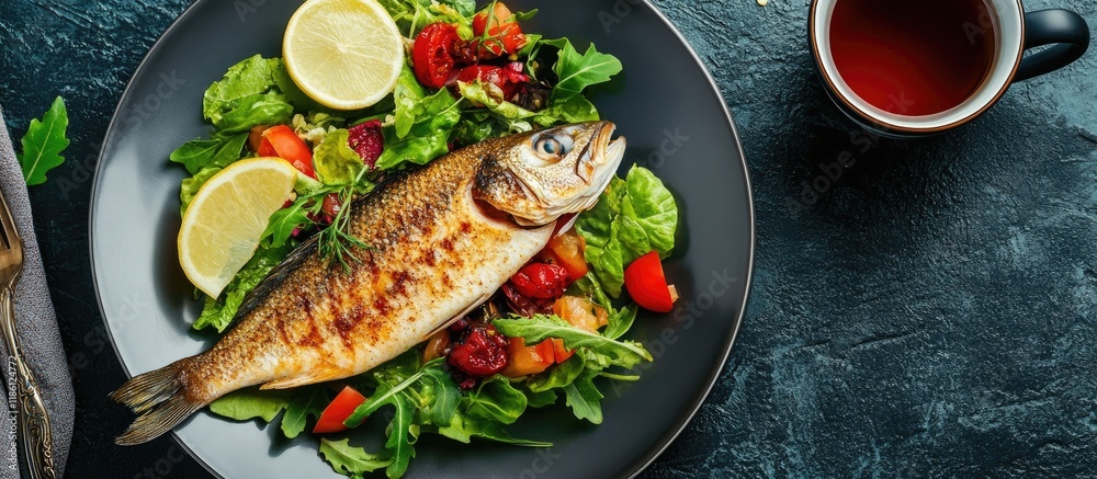 Leinwandbilder Fillet O Fish on a plate accompanied by salad and tea. with copy space image. Place for adding text or design