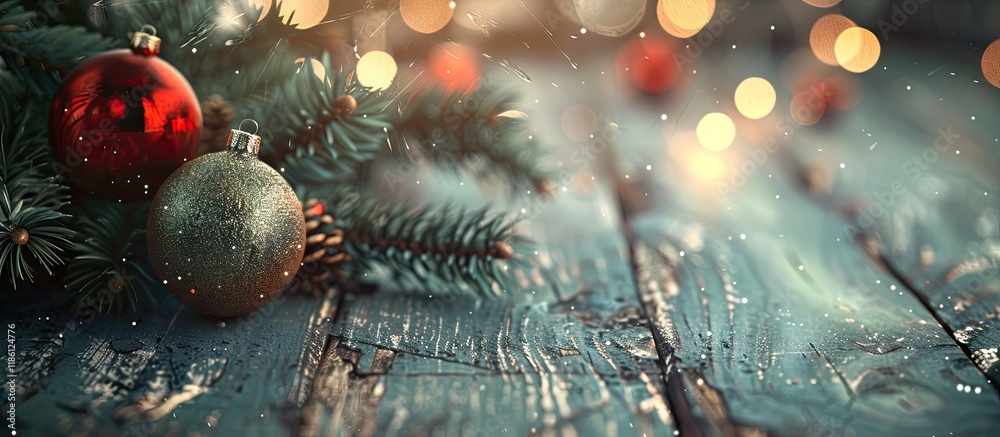 Fototapete Christmas elements from a tree branch on an aged wooden table Merry Christmas. with copy space image. Place for adding text or design