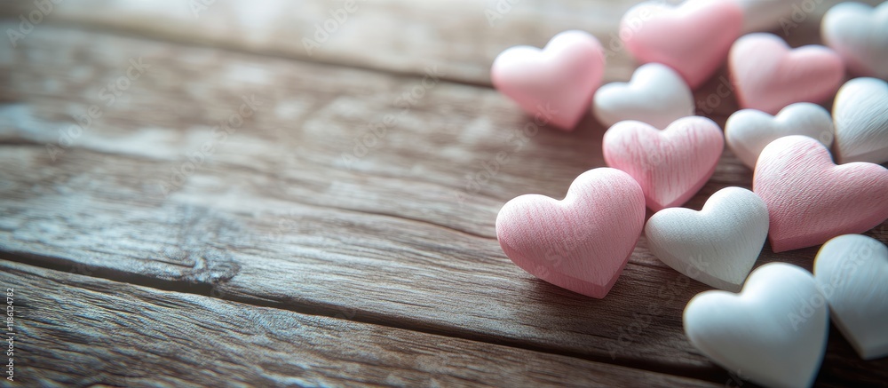 Poster decorative small pink and white hearts on a wooden surface. with copy space image. place for adding 