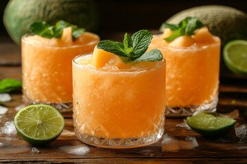 Refreshing orange melon cocktail served in a textured glass with crushed ice, lime slice garnish, and fresh mint on a wooden board.
