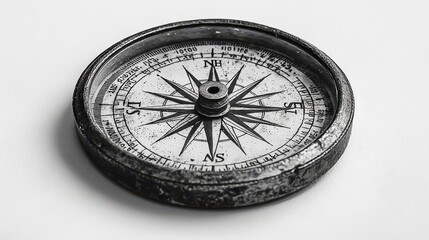 Antique compass on white background, showing north, south, east, west directions.