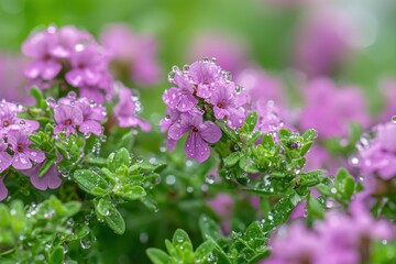 Obraz premium Thyme flowers blooming in a wild garden nature closeup photography dewy environment vibrant colors macro viewpoint captivating beauty of thyme