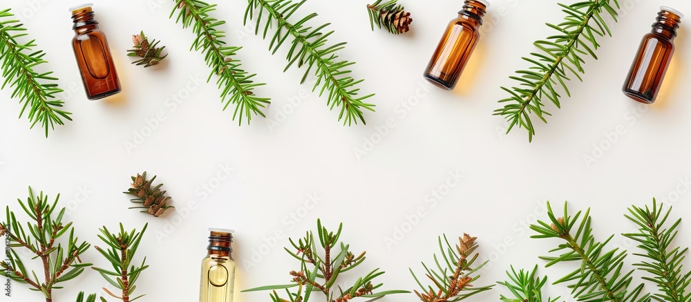 Poster healing juniper oil concept aromatherapy juniper frame bottles and sprigs on a white background top 
