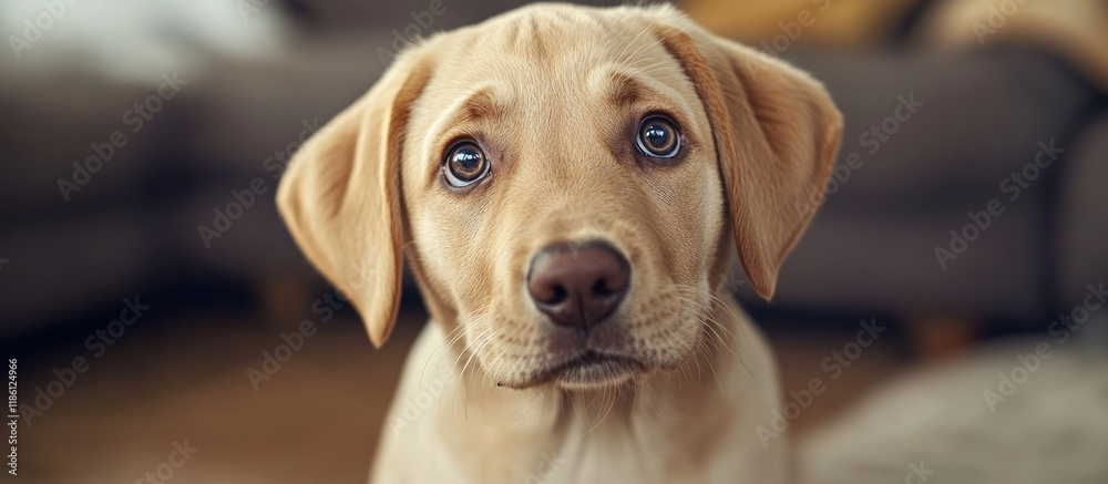 Poster portrait of a cute labrador retriever dog gazing at the camera begging for food in the living room. 