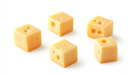 Cheese 3d realistic vector illustration. Cube or chunk and thin square slices of cheez, cheddar with holes, holland or swiss food, set icons isolated on white background