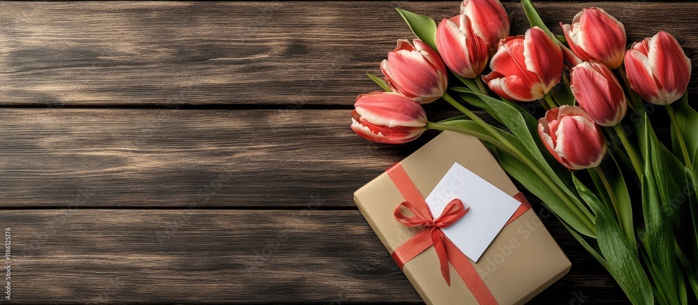 Poster fresh tulips a gift box and a greeting card arranged on a wooden table background. with copy space i