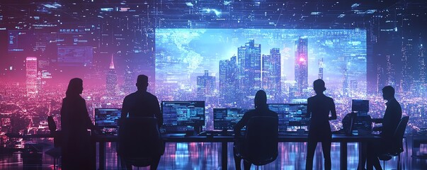 Global business professionals from diverse cultural backgrounds collaborating in a futuristic office space, emphasizing teamwork, innovation, and crosscultural communication