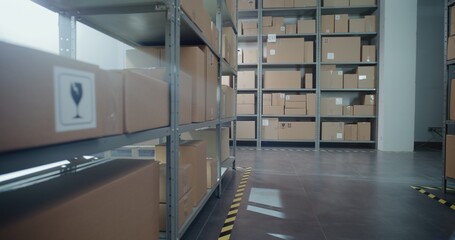 Big Storage, Warehouse Retail Center with Rows of Shelves with Cardboard Boxes and Parcels. Sorting Center of Post Office or Distribution Facility for Product Delivery. Logistics Concept. Dolly Shot.