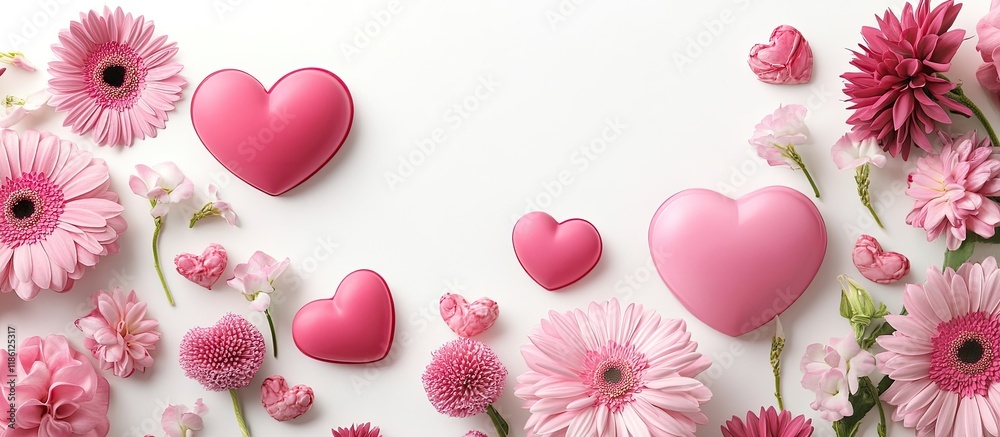 Poster pink heart shapes and flowers for valentine s day on a white background celebrating the valentine s 