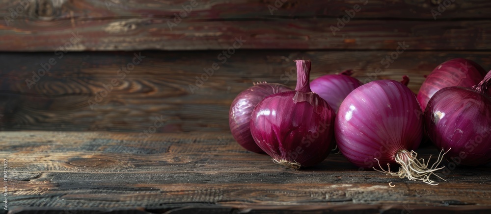 Aufkleber purple onions on a wooden table. with copy space image. Place for adding text or design