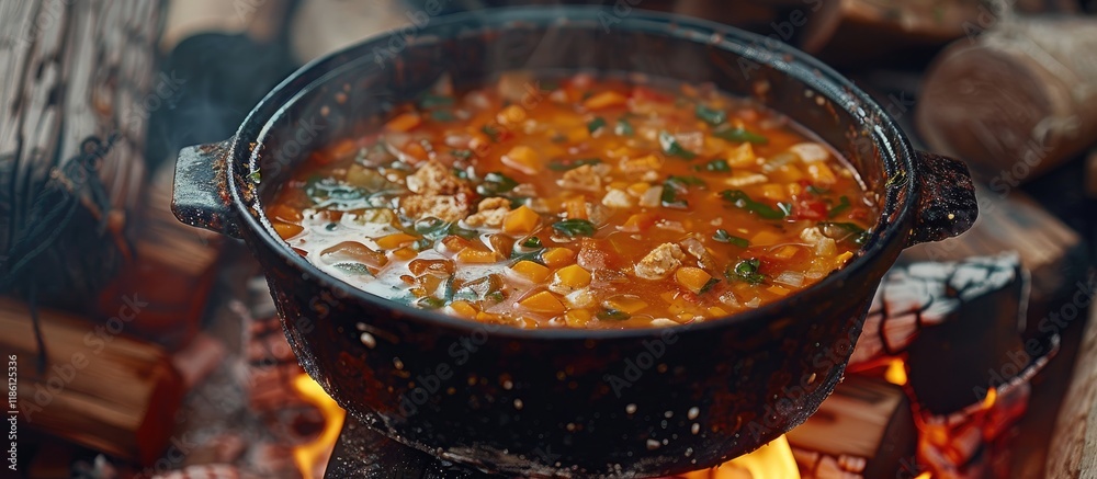 Fototapete tasty soup simmering in a pot over the fire shown in close up. with copy space image. place for addi