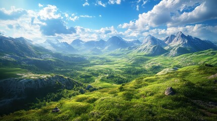 Naklejka premium Lush Green Valley Surrounded by Majestic Mountains Under a Blue Sky with Fluffy Clouds