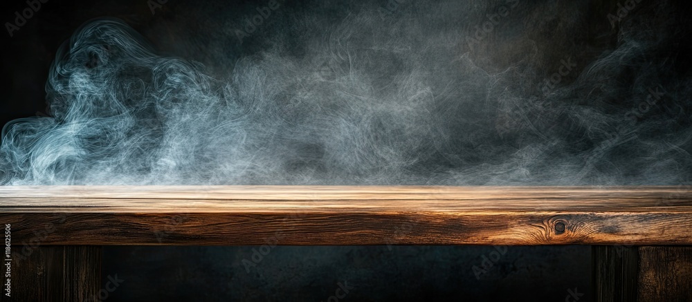 Poster empty wooden table with smoke rising against a dark background. with copy space image. Place for adding text or design