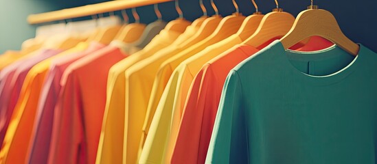 Obraz premium The stylist selects fashionable tops in trendy colors from a clothing rack This reflects personal shopping and the concept of sustainability. with copy space image. Place for adding text or design