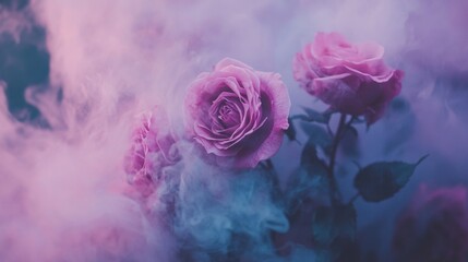 Delicate purple roses stand out amid swirling dark smoke, evoking a mystical ambiance under a twilight sky