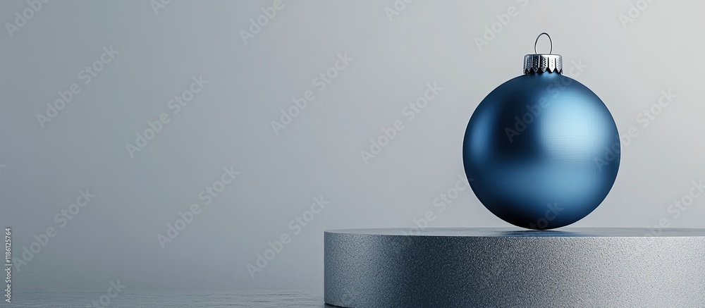 Poster a blue christmas bauble sits on a podium against a silver colored background. with copy space image.