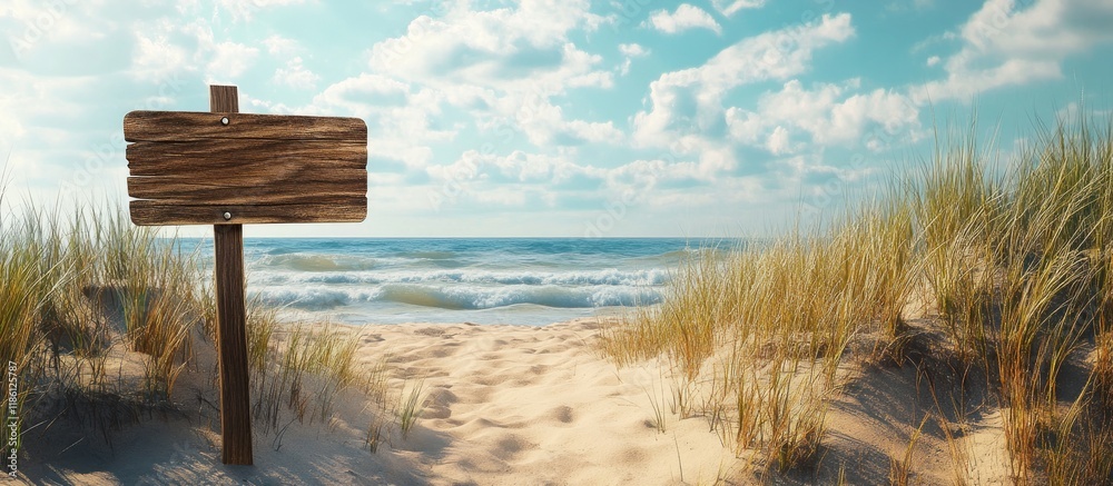 Poster wooden sign on the beach. with copy space image. Place for adding text or design