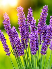 Fototapeta premium A photostock of a picturesque lavender field in soft focus with golden sunlight, evoking peace and tranquility, High Quality