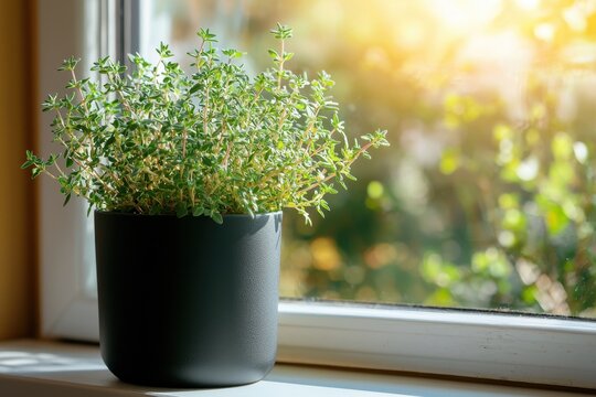 Caring for a small potted thyme plant on a bright windowsill gardening tips home plant care natural light close-up view indoor gardening concept