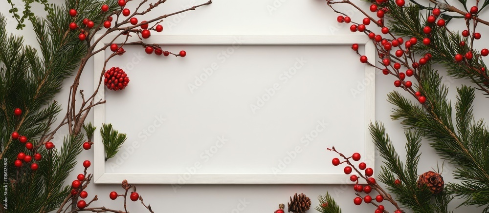 Aufkleber creative arrangement of christmas tree branches with twigs of red berries and a white frame new year