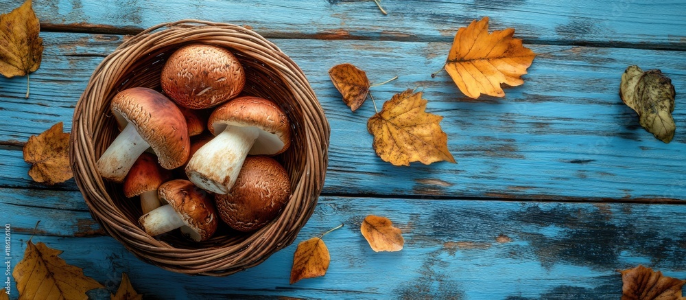 Leinwandbilder mushroom boletus in a basket on a blue wooden table collecting fresh cep food design autumn nature c
