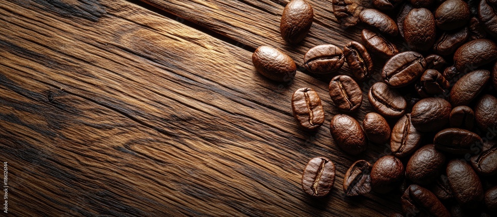 Aufkleber Fresh coffee beans on a wooden table The aroma of fresh coffee beans. with copy space image. Place for adding text or design