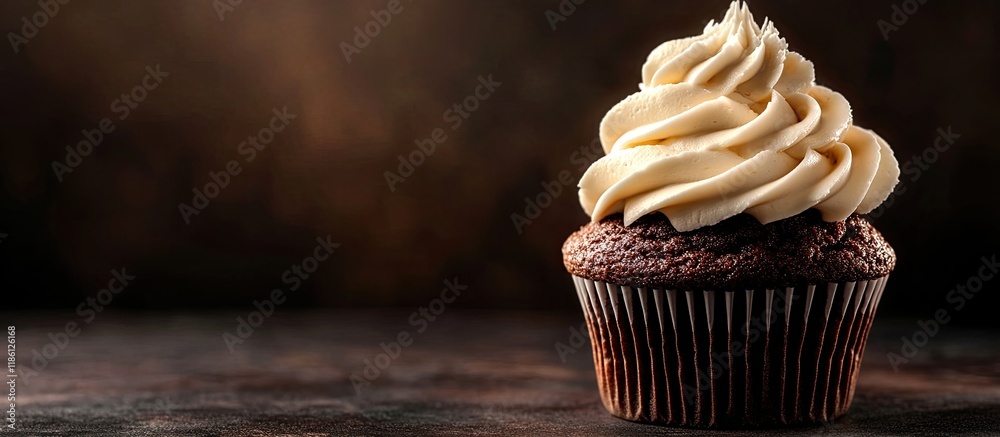 Poster chocolate cupcake topped with cream against a dark background. with copy space image. place for addi