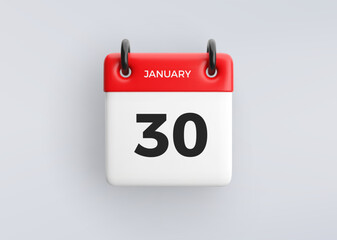 3D calendar icon with date 30 January on grey background. Vector schedule symbol.