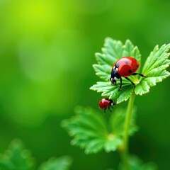 Obraz premium Ladybug and small bug on nettle leaf with stem, leaf, ladybug