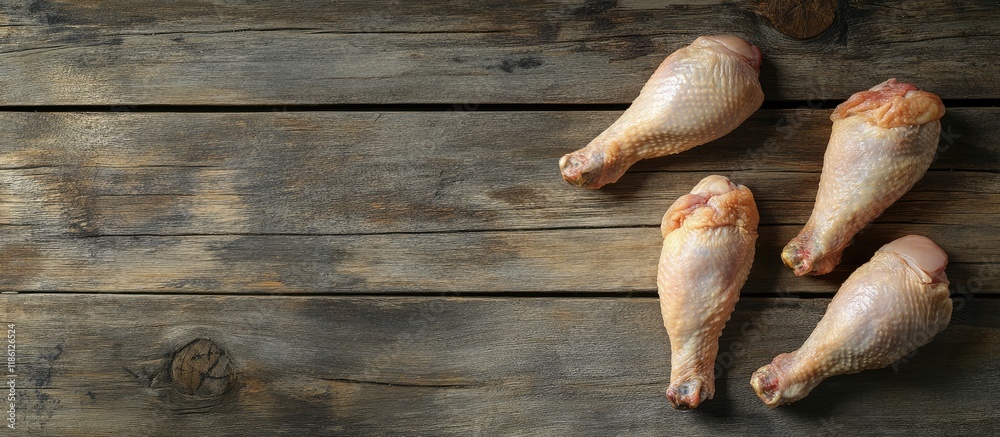Leinwandbilder Raw chicken legs on a wooden surface up close. with copy space image. Place for adding text or design