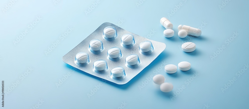 Poster Used empty blister package and various pills on a blue background. with copy space image. Place for adding text or design