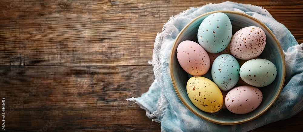 Fototapete Easter eggs in a bowl with a napkin on a walnut wood table top view. with copy space image. Place for adding text or design