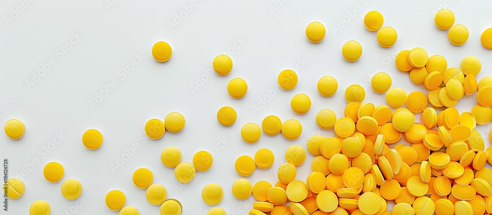 Poster yellow round capsules spread across a white background viewed from above. with copy space image. Place for adding text or design