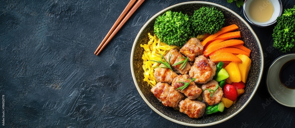 Aufkleber japanese style pork and herbal oba patty accompanied by mixed vegetables providing a comforting meal