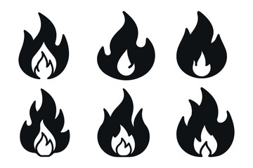 black and white Fire outline icon set silhouette vector