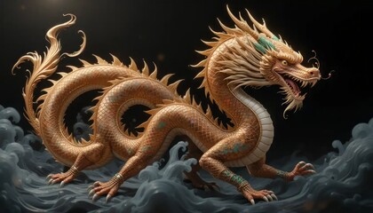 Fototapeta premium Magnificent Golden Dragon Emerging from Mystical Waves: A 3D Rendered Artwork