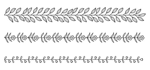 Simple hand-drawn black outline. Horizontal long floral garland. Branch, leaf frame, border. Ink sketch, set. © arthierry
