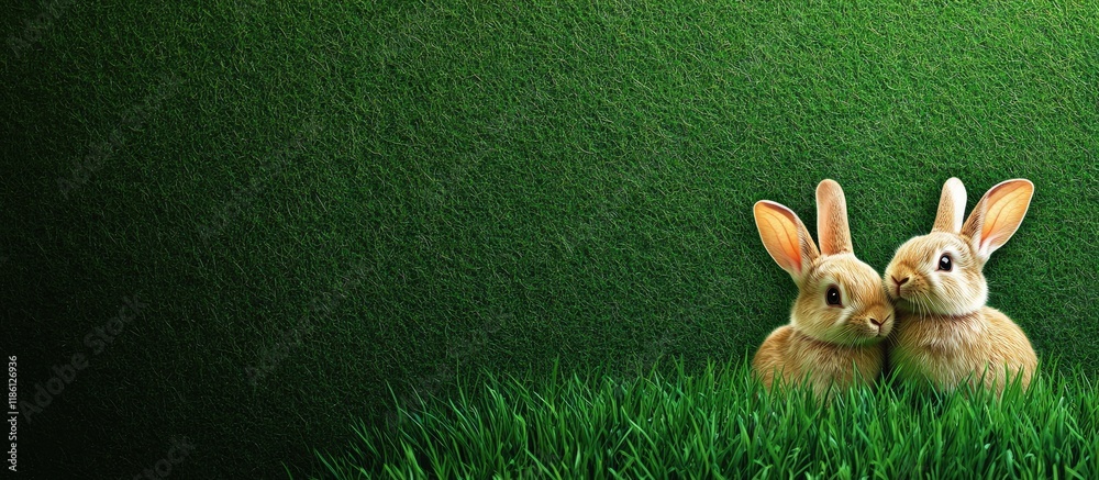 Aufkleber Easter eggs designed as adorable bunnies on lush green grass with space for text. with copy space image. Place for adding text or design