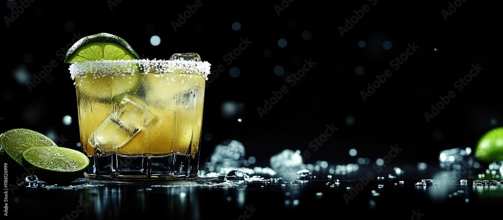 Poster classic margarita cocktail featuring lime salt and ice. with copy space image. place for adding text