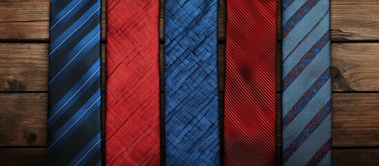 Happy Father s Day with red and blue ties set against a rustic wood background Craft note with greetings. with copy space image. Place for adding text or design