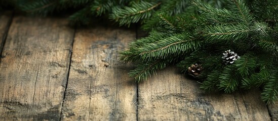 Naklejka premium Christmas tree scattered on aged wood Tinted. with copy space image. Place for adding text or design