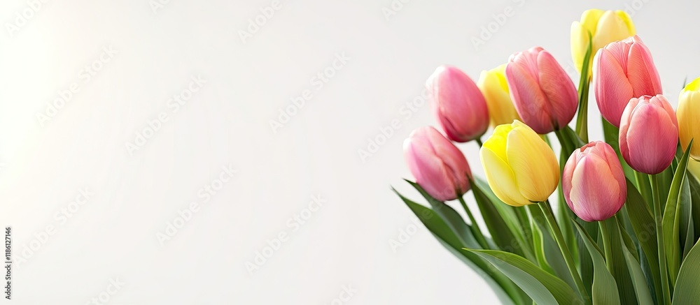 Leinwandbilder Pink and yellow tulips against a light background. with copy space image. Place for adding text or design