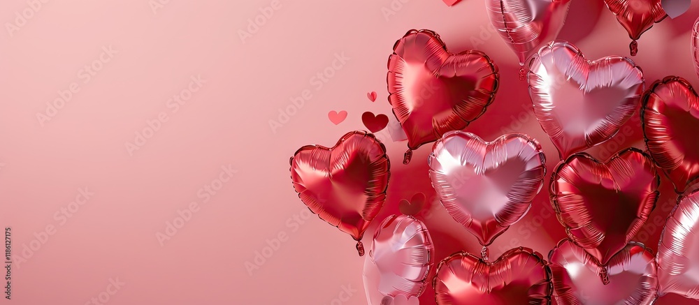 Poster Red and pink heart shaped inflatable foil balloons Arrangement includes space for text. with copy space image. Place for adding text or design