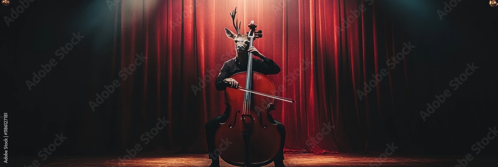 Aufkleber deer performing a captivating cello solo on stage in a dimly lit theater with red curtains. generati