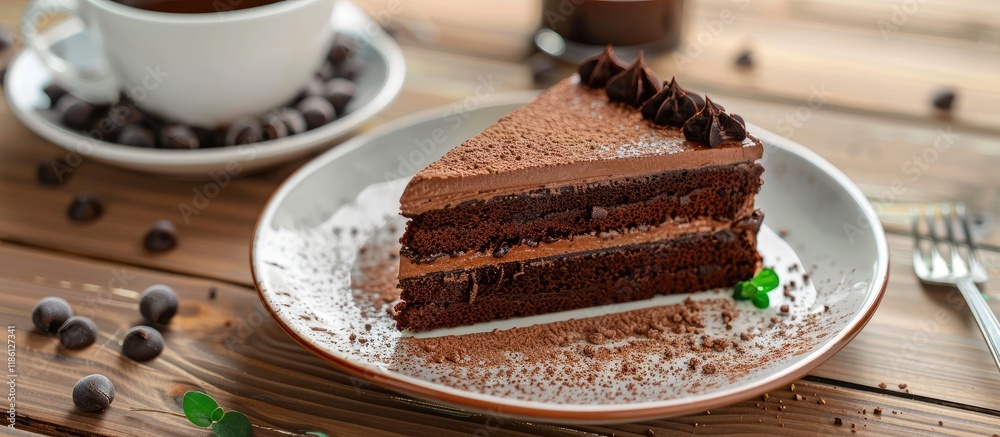 Aufkleber Plate with a slice of delicious homemade chocolate cake on the table. with copy space image. Place for adding text or design