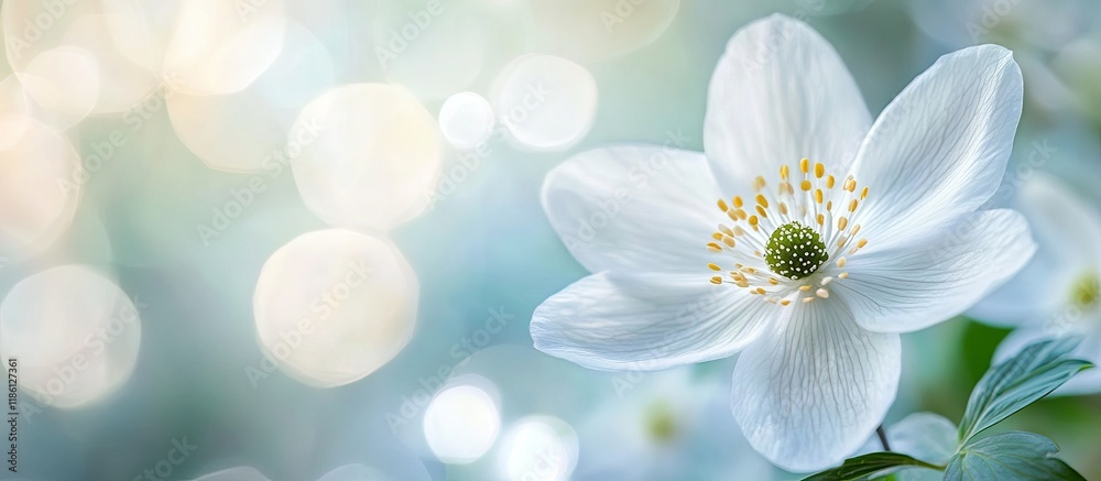 Poster close up macro of a lovely pristine white wood anemone flower anemone nemorosa with selective focus 