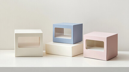 Fototapeta premium Blank Cardboard Rectangle Take Away Boxes Packaging For electronic, Food, Gift, Other Products with Plastic Window Mock up Close up Isolated on White Background. 3d illustration 